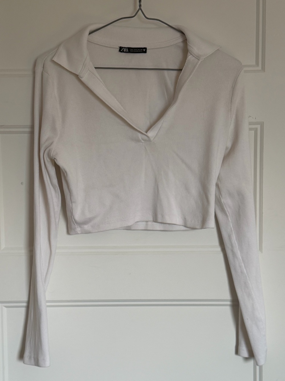 Zara White Ribbed Polo-Collar Cropped Top
